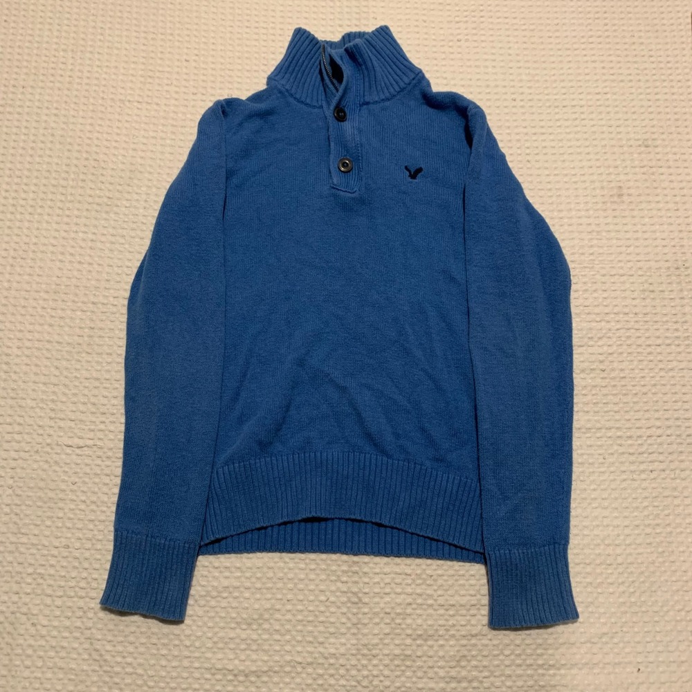 American Eagle Outfitters Mens Blue Quarter Zip Button Mock Neck Sweater Small